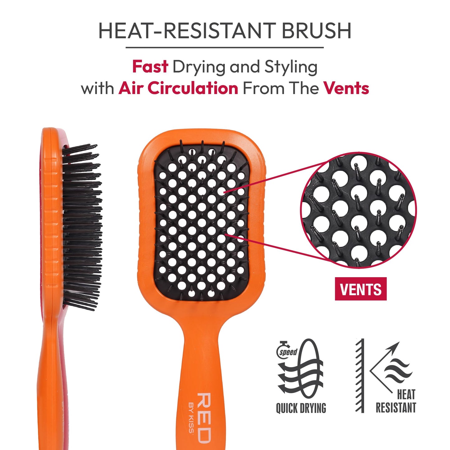RED by Kiss Dry Vent Heat-Resistant Hair Brush, Detangling Fast Blow Drying for Wet Dry Curly Thick Straight Hair, Vented Detangler for Women Men Children Kids