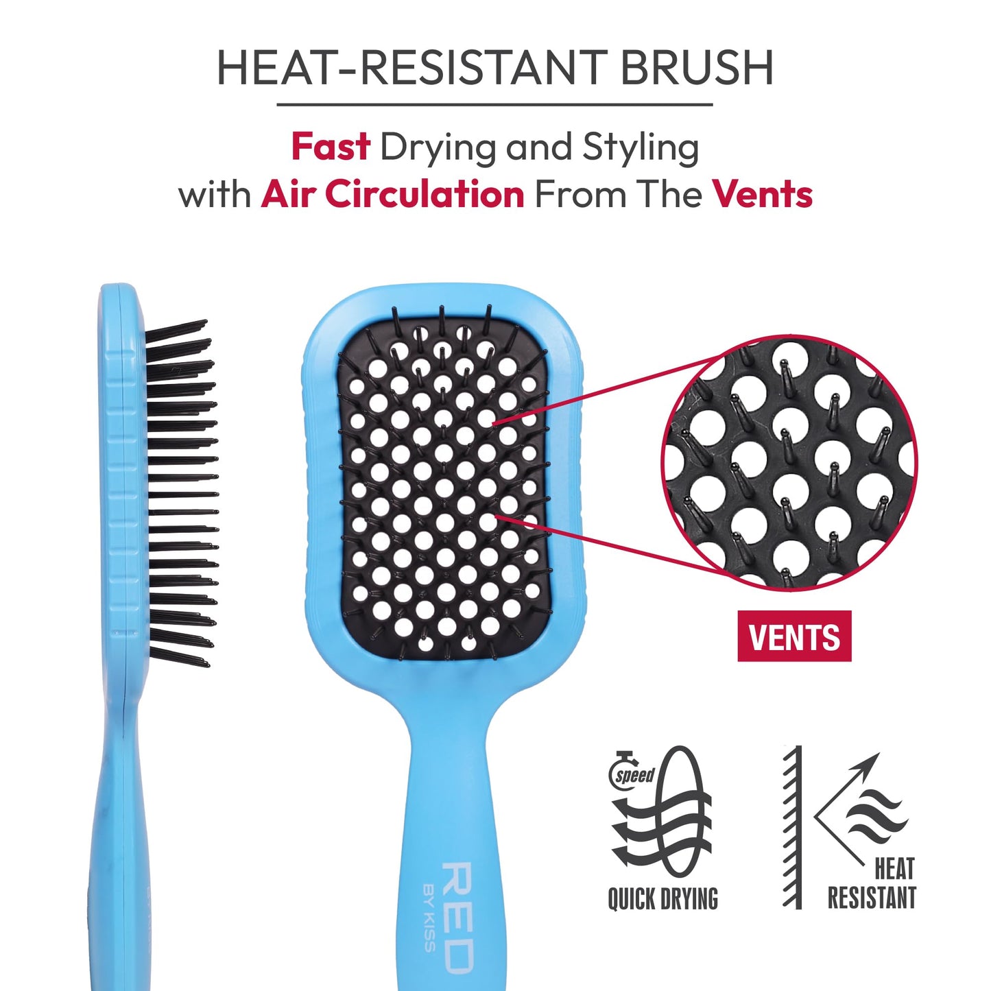 RED by Kiss Dry Vent Heat-Resistant Hair Brush, Detangling Fast Blow Drying for Wet Dry Curly Thick Straight Hair, Vented Detangler for Women Men Children Kids