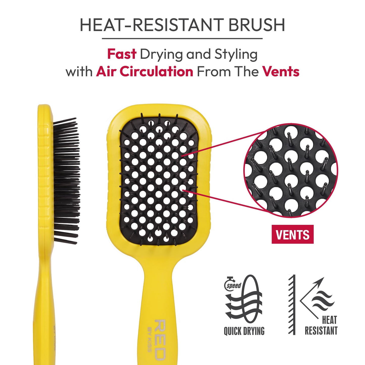 RED by Kiss Dry Vent Heat-Resistant Hair Brush, Detangling Fast Blow Drying for Wet Dry Curly Thick Straight Hair, Vented Detangler for Women Men Children Kids