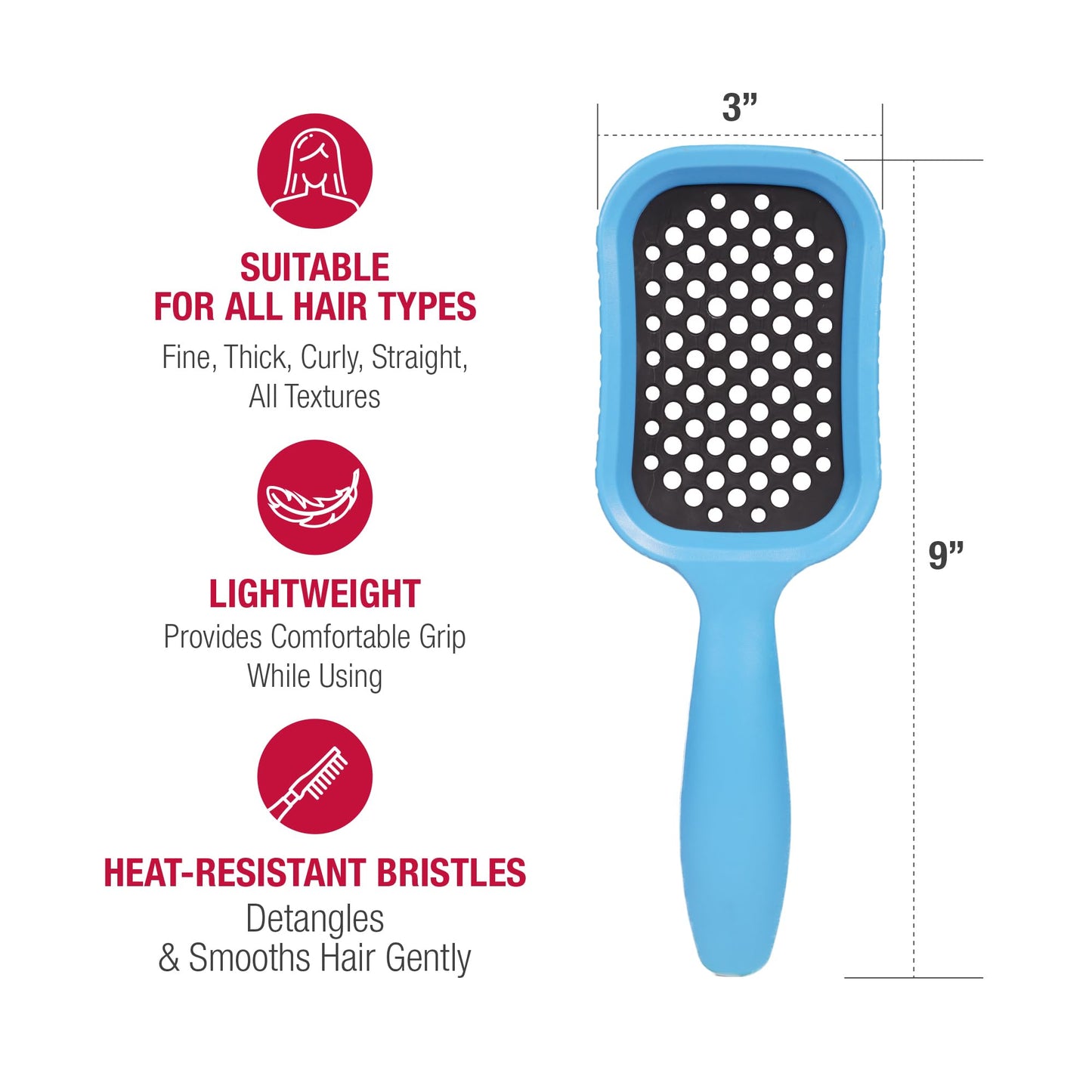 RED by Kiss Dry Vent Heat-Resistant Hair Brush, Detangling Fast Blow Drying for Wet Dry Curly Thick Straight Hair, Vented Detangler for Women Men Children Kids