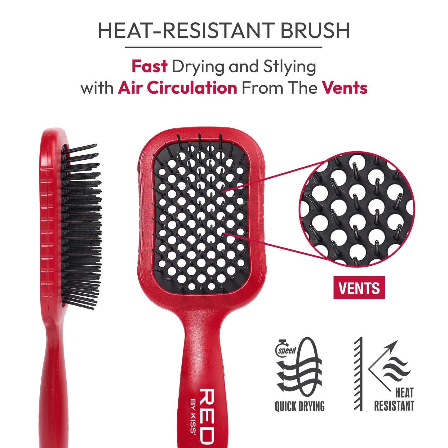 RED by Kiss Dry Vent Heat-Resistant Hair Brush, Detangling Fast Blow Drying for Wet Dry Curly Thick Straight Hair, Vented Detangler for Women Men Children Kids